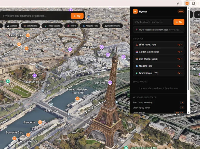 Eiffel Tower flyover with browser extension popup